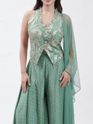 Teal Green Chanderi Palazzo - image 3