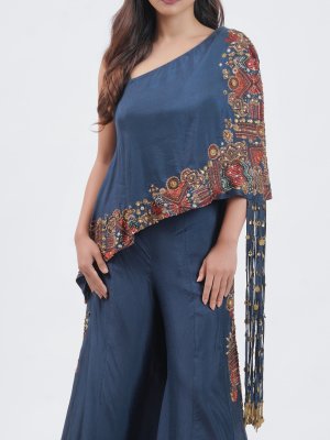 Navy Blue Chanderi Silk Cape Co-ord - image 3