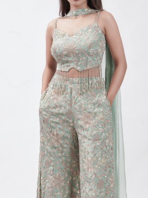 Teal Blue Satin Crepe Palazzo - image 3