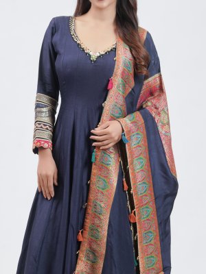 Navy Blue Chanderi Silk Straight Pant - image 3