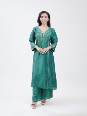 Teal Green Tussar Straight Pant  - image 2