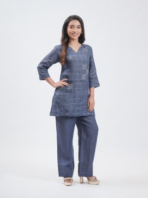 Navy Blue Checked Linen Plazzo - image 2