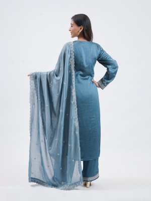 Greyish Blue Raw Silk Straight Pant - image 4