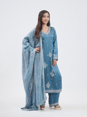 Greyish Blue Raw Silk Straight Pant - image 2