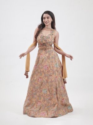 Mustard Crepe Floral Embroidered Lehenga - image 1