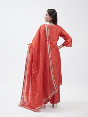 Tomato Red Tussar Straight Pant  - image 4
