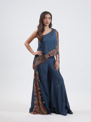 Navy Blue Chanderi Silk Cape Co-ord - image 1
