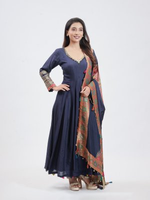 Navy Blue Chanderi Silk Straight Pant - image 2