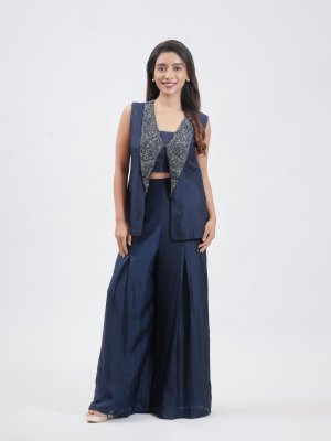 Navy Blue Chanderi Silk Palazzo  - image 1
