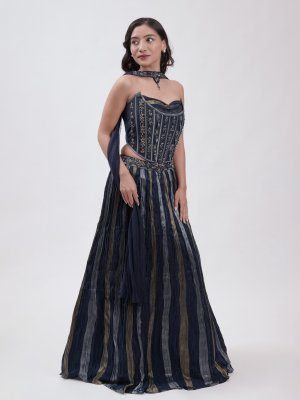 Navy Blue Tri-Colour Tissue Lehenga  - image 3