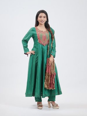 Forest Green Chanderi Silk Straight Pant - image 2