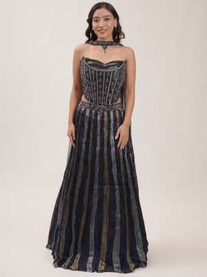 Navy Blue Tri-Colour Tissue Lehenga  - image 1
