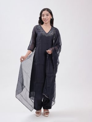 Navy Blue Chanderi Kurta Set  - image 3