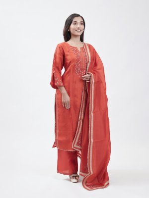 Tomato Red Tussar Straight Pant  - image 2