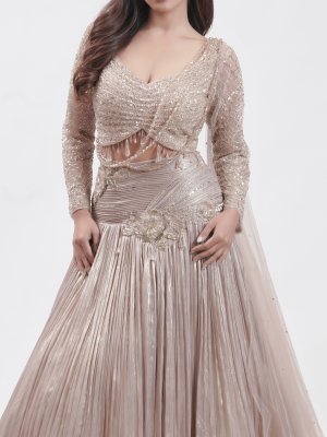Metallic Beige Tissue Embellished Lehenga - image 3
