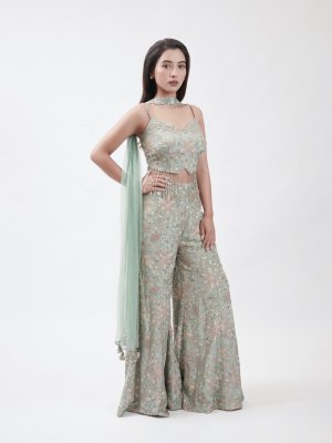 Teal Blue Satin Crepe Palazzo - image 1