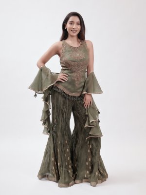 Olive Green Crepe Straight Pant - image 1