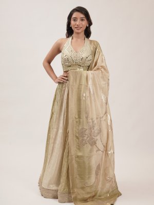 Tri-Colour Green Tissue Lehenga  - image 1
