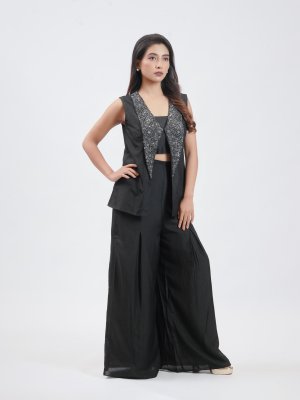 Black Chanderi Silk Palazzo - image 2