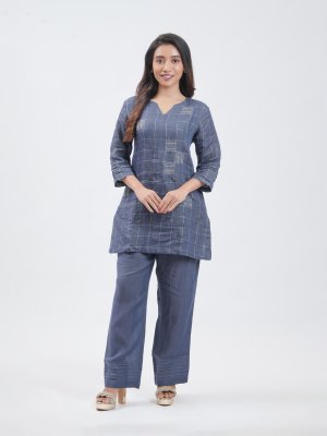 Navy Blue Checked Linen Plazzo - image 1