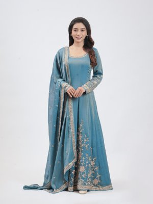 Greyish Blue Tissue Party Gown - image 1