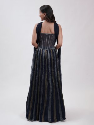 Navy Blue Tri-Colour Tissue Lehenga  - image 4