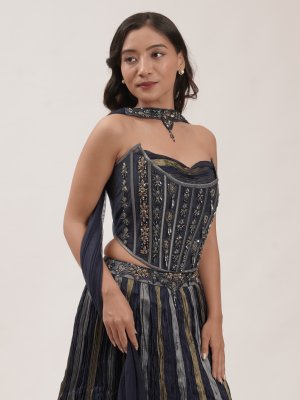 Navy Blue Tri-Colour Tissue Lehenga  - image 3