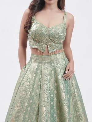 Green Banarasi Zari Woven Lehenga   - image 3