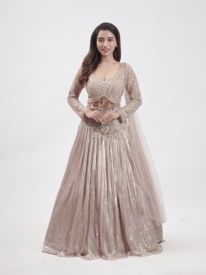 Metallic Beige Tissue Embellished Lehenga - image 1