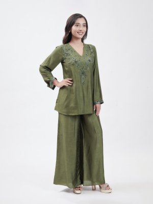 Olive Green Raw Silk Palazzo  - image 1