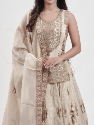 Cream Tissue Leaf-Neck Lehenga - image 3