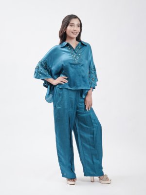 Peacock Blue Satin Dhoti - image 2