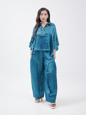 Peacock Blue Satin Dhoti - image 1