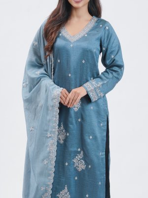 Greyish Blue Raw Silk Straight Pant - image 3