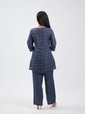 Navy Blue Checked Linen Plazzo - image 4