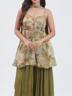 Olive Green Shimmer Chiffon Palazzo - image 3