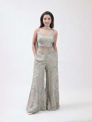 Teal Blue Satin Crepe Palazzo - image 2