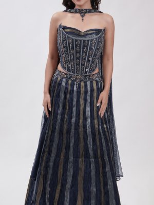 Navy Blue Tri-Colour Tissue Lehenga  - image 2