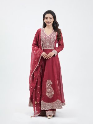 Brick Red Chanderi Straight Pant - image 1