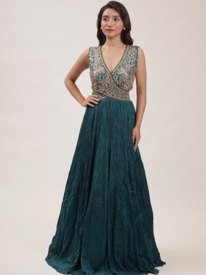 Peacock Blue Crushed Chiffon Anarkali  - image 1