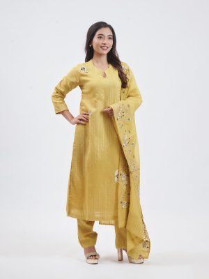  Lime Yellow Mul Chanderi Salwar Set  - image 2