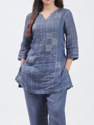 Navy Blue Checked Linen Plazzo - image 3