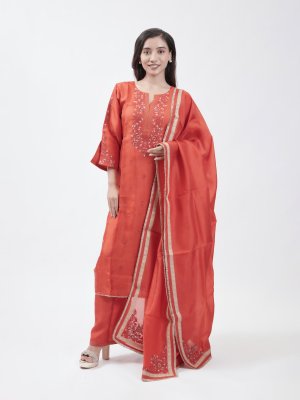 Tomato Red Tussar Straight Pant  - image 1