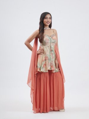 Peach Green Shimmer Chiffon Palazzo  - image 2