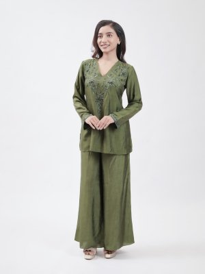 Olive Green Raw Silk Palazzo  - image 2
