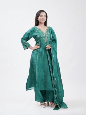 Teal Green Tussar Straight Pant  - image 1