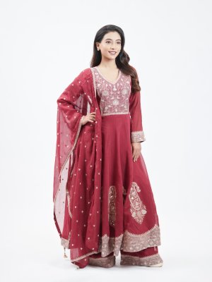 Brick Red Chanderi Straight Pant - image 2