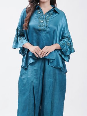 Peacock Blue Satin Dhoti - image 3