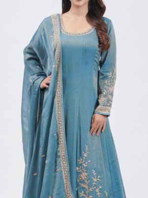 Greyish Blue Tissue Party Gown - image 3