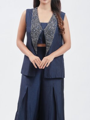 Navy Blue Chanderi Silk Palazzo  - image 3